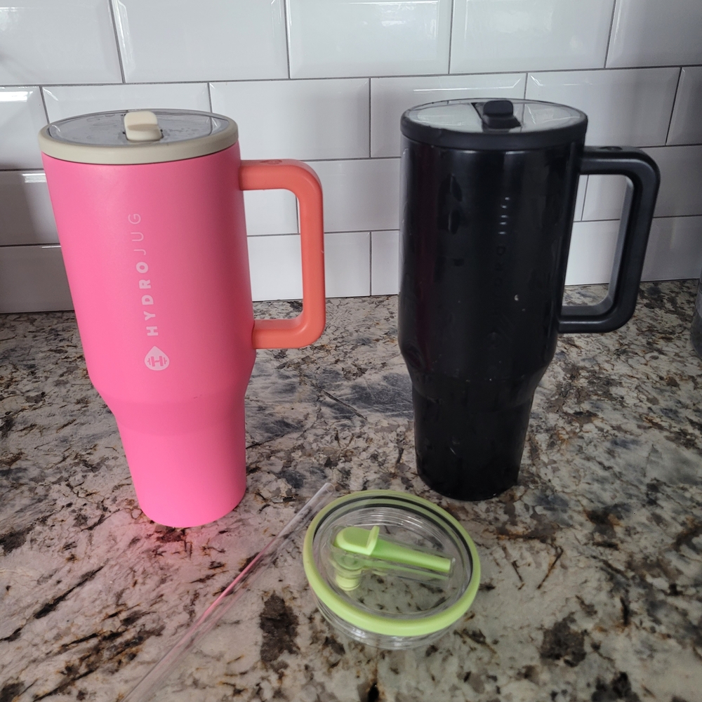 HydroJug Pink and Black Tumblers with Lids